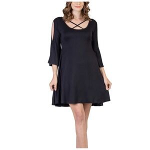 24seven Comfort Apparel Fit and Flare Dress Criss Cross Neck Bell Sleeve S